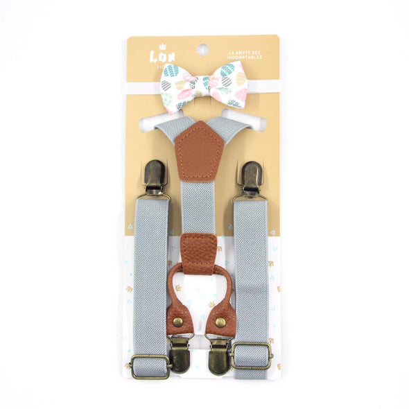 easter bow tie with eggs and grey suspenders